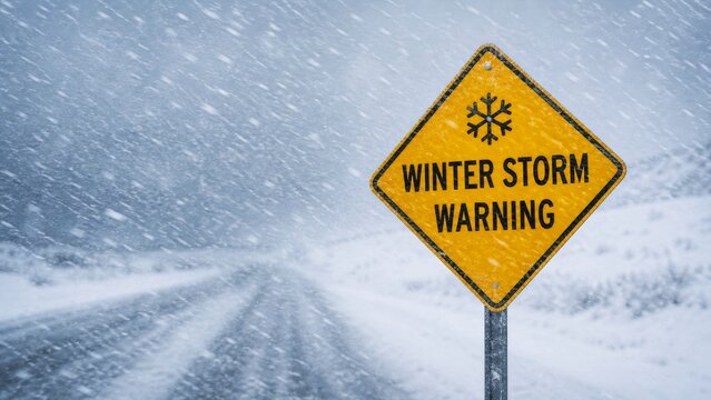Winter storm warning sign beside a snow-covered road in heavy snowfall