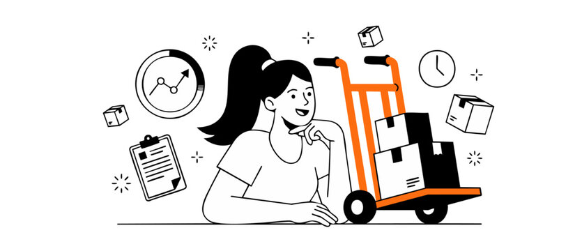 Logistics delivery woman hand truck packaging boxes stock management planning growth e-commerce order fulfillment warehouse shipping process flat vector illustration for business digital design graphi