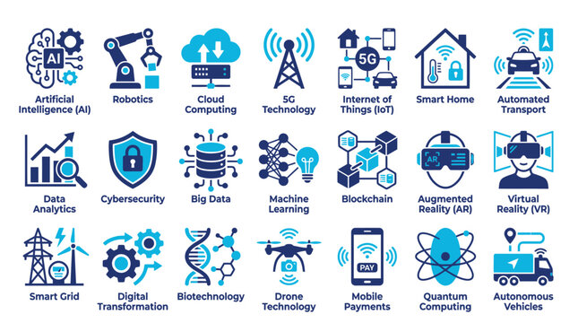 Collection of flat vector icons representing emerging technologies and concepts