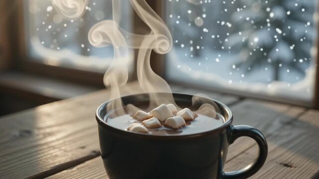 steaming cup of hot chocolate with marshmallows on wooden table by frosty window. snow falling outside. cozy winter morning, holiday season concept. cafe menu, greeting card design.