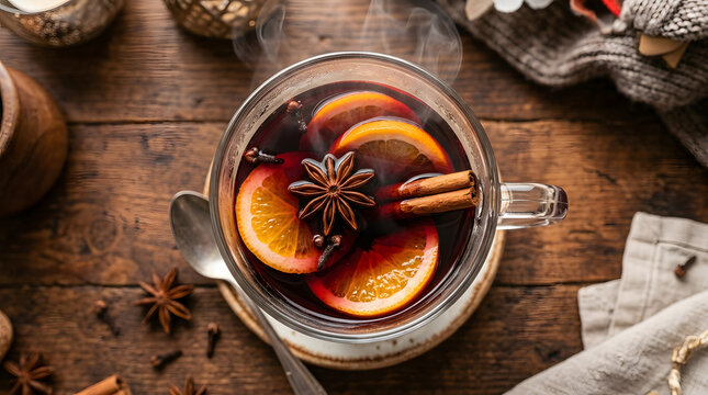 Warm mulled wine with orange slices cinnamon and star anise on a wooden table