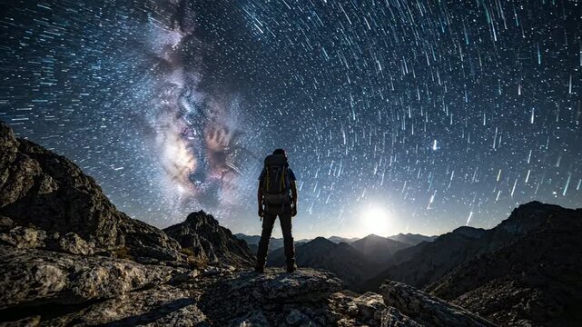 Hiker standing on mountain peak under milky way galaxy and star trails night sky backpacker summit