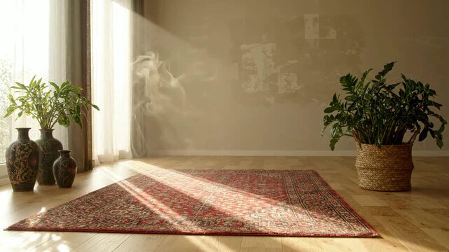 Sunlit living room interior with floating dust particles and persian rug, cozy home atmosphere, soft natural window light