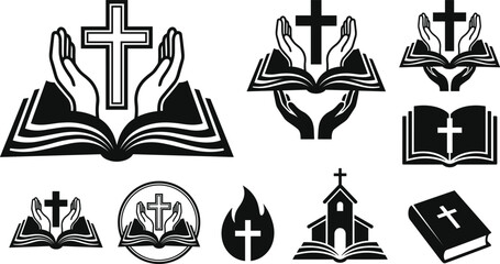 Fototapeta premium Christian holy bible open book and cross spiritual silhouette icons set isolated on white background
