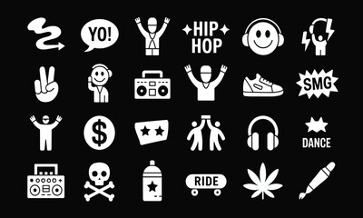 Fototapeta premium Hip hop culture white icon set for street style graffiti music and urban fashion vector illustration