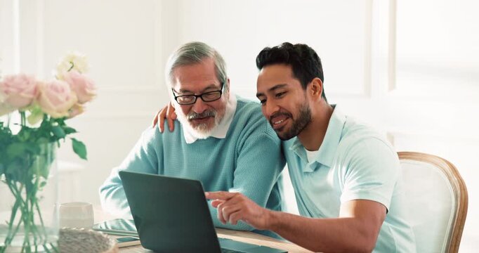 Laptop, man and senior father in home for help with taxes, pension advice and utility savings. Computer, adult son and elderly parent with rebate, annuity assistance and hug with happy Asian family