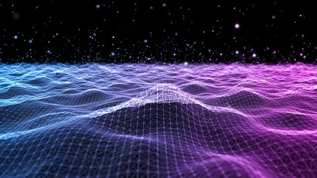 Abstract digital landscape with neon blue and purple wireframe waves and floating particles