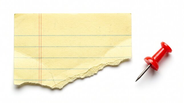 Ripped yellow paper note with red push pin on white background