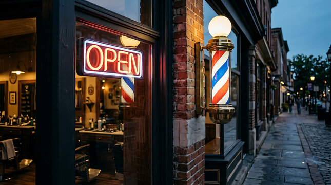 Classic barbershop storefront with glowing open sign at dusk.