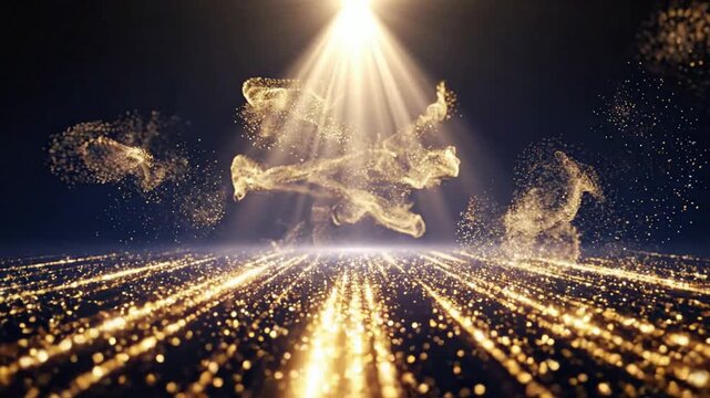 Golden particle stage background, with radiant spotlight, and floating dust, for luxury event, motion particles