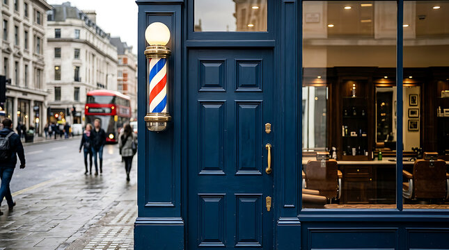 Classic blue barber shop door on city street.