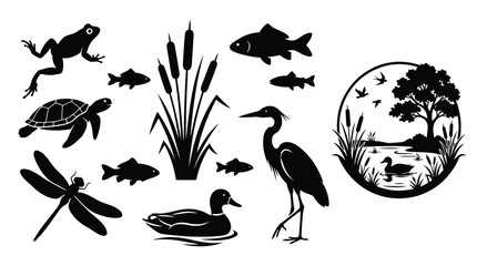Fototapeta premium Black silhouettes of wetland wildlife and pond scene on a white background