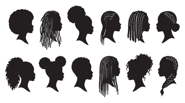 Natural Textured Woman Hairstyle Silhouettes Set, Head profiles with natural hair, African American female hairstyles, Afro and braids vector set, woman, girl, beauty, hair, dreadlocks, cornrows.