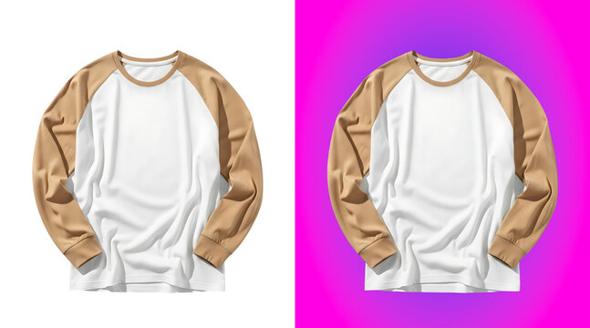 Long sleeve raglan t-shirt with white body and beige sleeves, isolated on a white background, for apparel mockup, and clothing retail display