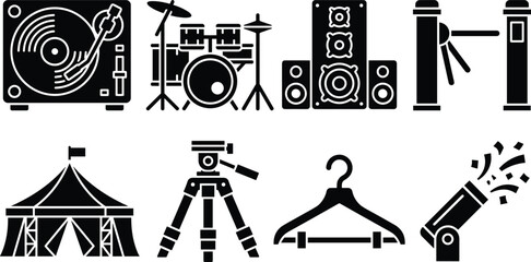 Naklejka premium Music Concert and Event Equipment Black Vector Icon Set Featuring Turntable Drum Kit Speaker Turnstile and Tent