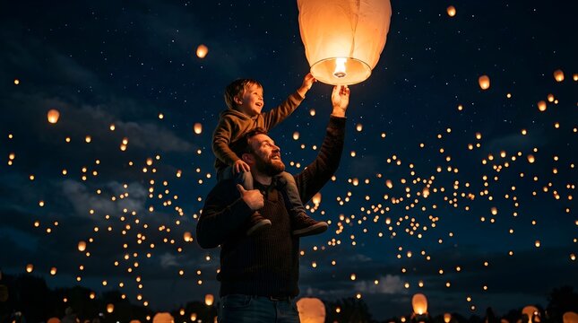 Father carrying son on shoulders launching sky lantern at night festival