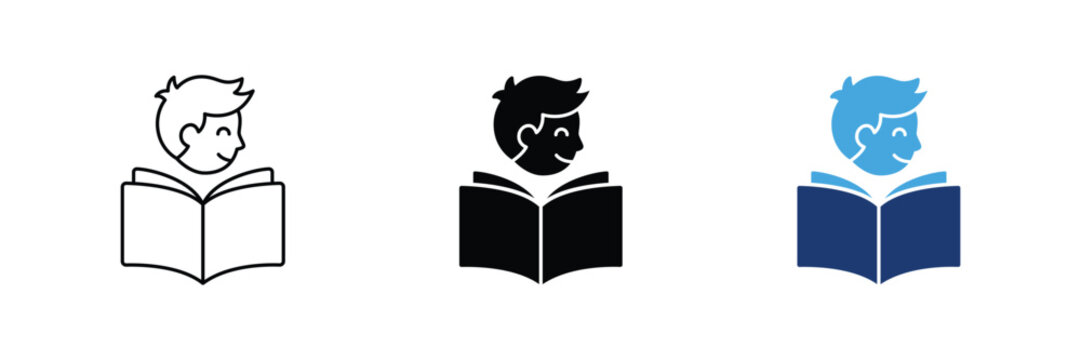 Student boy reading open book vector icon set