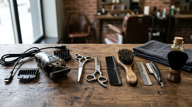 Professional barber tools arranged on wooden table.