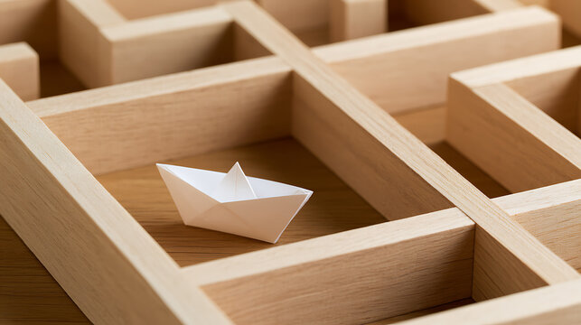 Small white paper boat stuck inside complex wooden maze representing difficult business strategy problem solution challenge test and strategy