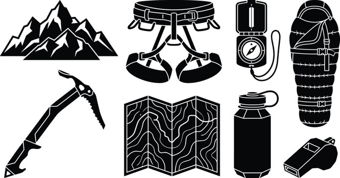 Outdoor Hiking and Mountaineering Equipment Vector Icon Set Featuring Climbing Harness, Sleeping Bag, Ice Axe, and Compass
