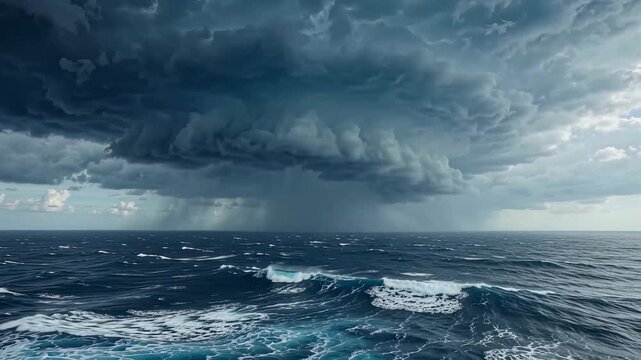 Dramatic Dark Supercell Storm Cloud with Heavy Rain Shower Over Choppy Deep Blue Ocean Waves at Sea