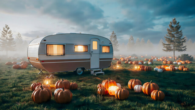 Vintage camper trailer parked in a misty pumpkin patch during a festive autumn evening.
