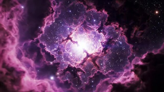 Deep space nebula flight through glowing purple cosmic clouds and star clusters galaxy universe stars