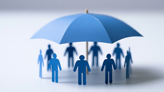 A blue paper umbrella protect group of paper cut people figures stand together for insurance safety risk management concept close up view