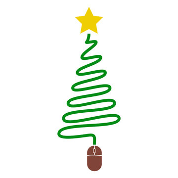 Icono con dibujo sencillo de un &aacute;rbol de navidad con forma de tri&aacute;ngulo y l&iacute;neas en zigzag, como un cable con mouse y con una estrella, para su uso en felicitaciones y tarjetas