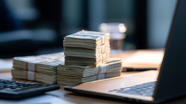 Stacks of cash currency bills resting on an office desk next to a laptop computer and financial calculator for corporate finance concept