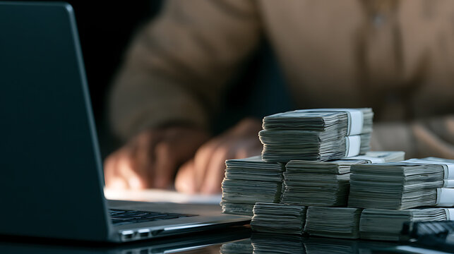 A person work on a laptop beside large stacks of cash money in a dark office setting representing business success and financial wealth