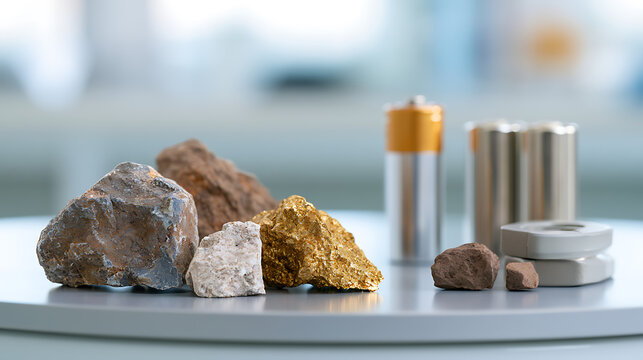 Raw mineral ore samples displayed alongside modern battery components and metal hardware on a laboratory table for energy industry concepts