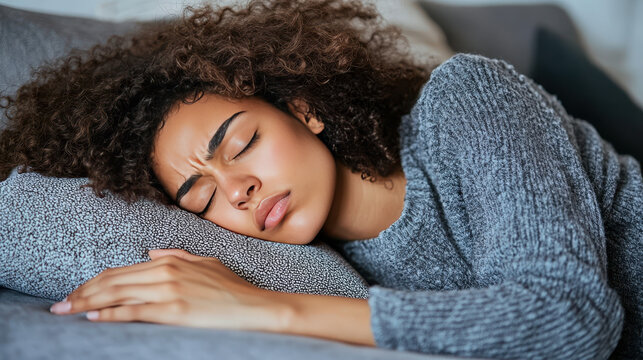Woman resting on a couch while looking tired and deep in thought in a cozy living room