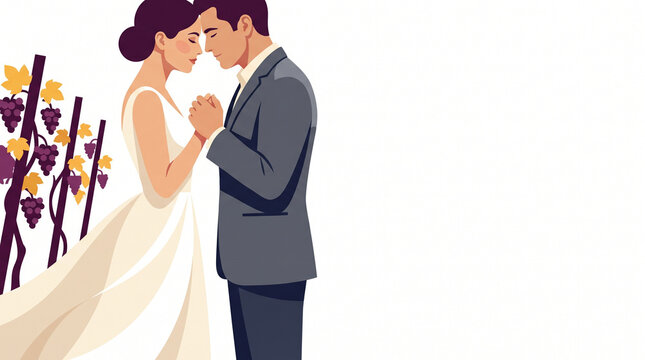 Couple embracing in vineyard during outdoor wedding ceremony  
