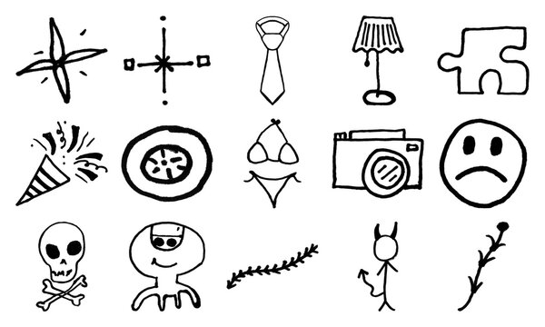 Set of simple black hand drawn doodle icons and sketches including shapes symbols objects and funny characters for design