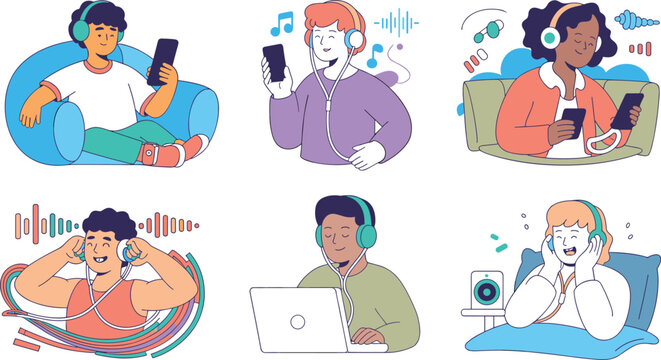 Diverse young people listening to music, audiobooks, and podcasts with wireless headphones, laptops, and smartphones for digital media stream app interfaces