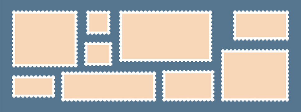 Stamp postcard, vintage postage frame. Paper letter border, square travel label. Mockup rectangular blank, scallop edge texture, traditional boarder. Business pattern collection. Vector illustration