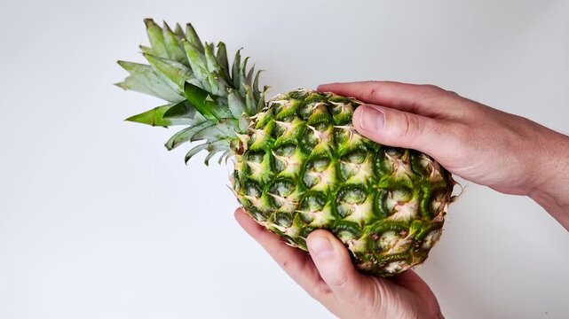 Close up of fresh vibrant green pineapples on a clean white surface, tropical fruit bounty for healthy eating inspiration, perfect for summer recipes and bright kitchen decor