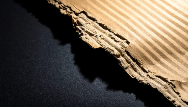 Close-up macro view of torn corrugated cardboard texture with layered fibers and aged material showing detailed structure