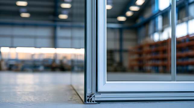 Modern PVC window profile cross section showing chamber structure and triple glazing in a bright industrial warehouse production facility