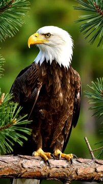 Majestic bald eagle perched on a tree branch, close up portrait of a bird of prey in nature.