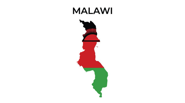 Malawi map silhouette rendered with national flag colors against a clear and transparent white grid background