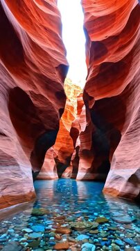 Narrow slot canyon with flowing water and colorful river stones, red sandstone rock formations, nature.