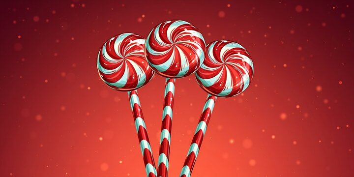 Festive red and white lollipops with spiral patterns float in glowing holiday-th