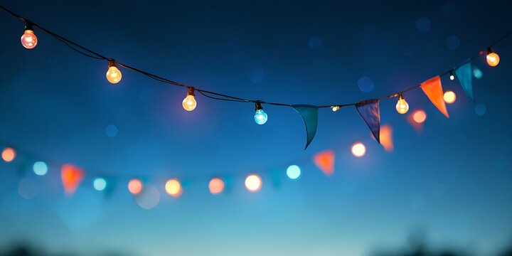 Twilight scene with string lights and colorful flags