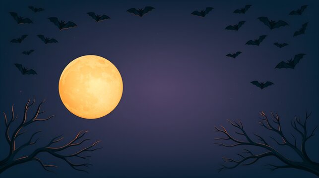 Moonlit night with flying bats and bare trees