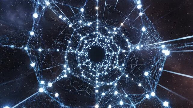 Abstract cosmic network tunnel with glowing nodes and light streaks in deep space