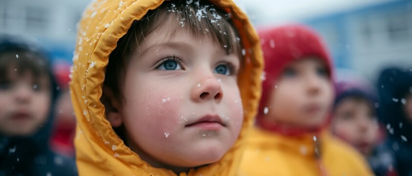 Child's eyes sparkle under snow