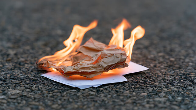 Crumpled paper document burn with bright orange flame on asphalt ground outdoor surface, concept of secret destruction or evidence removal