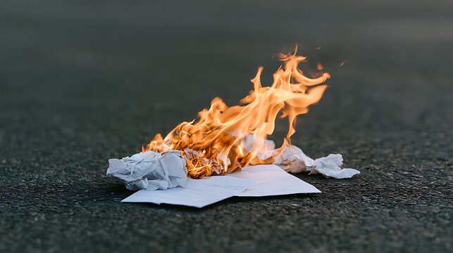 Bright orange flames engulf crumpled white paper on a dark asphalt background, creating a dramatic visual metaphor for loss or data de